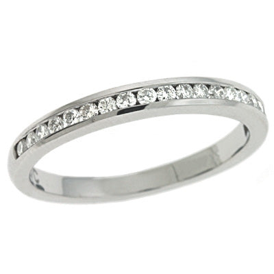 This Band is available in 14K White Gold. There are a total of 20 stones. There are Round with a total carat weight of 0.27 set in a Channel Set setting.