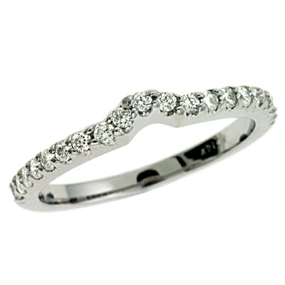 This Band is available in 14K White Gold. There are a total of 19 stones. There are Round with a total carat weight of 0.31 set in a Shared Prongs setting.
