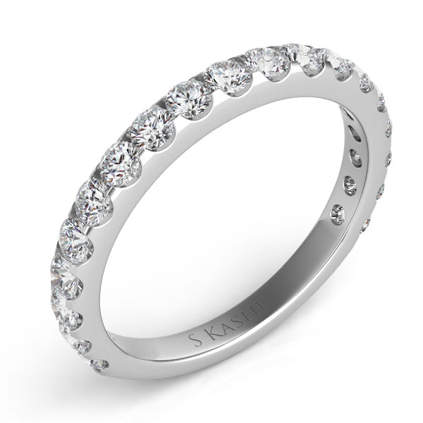 This Band is available in 14K White Gold. There are a total of 19 stones. There are Round with a total carat weight of 0.81 set in a Prong Set setting.