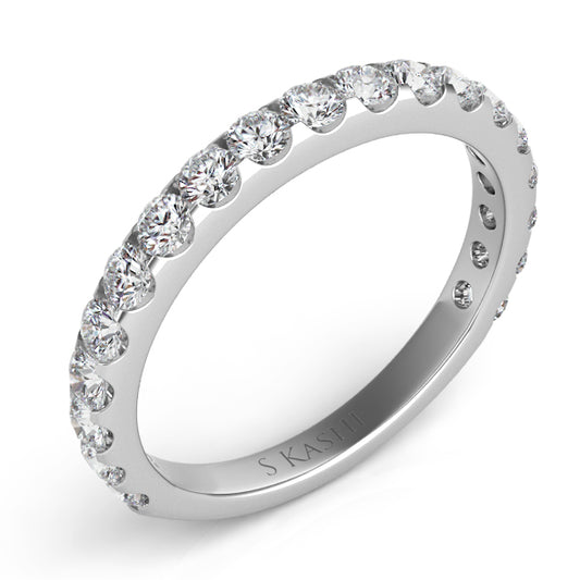 This Band is available in 14K White Gold. There are a total of 19 stones. There are Round with a total carat weight of 0.81 set in a Prong Set setting.