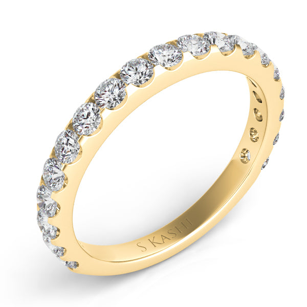 This Band is available in 14K Yellow Gold. There are a total of 19 stones. There are Round with a total carat weight of 0.81 set in a Prong Set setting.