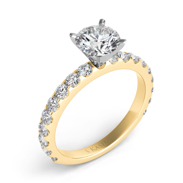 This Engagement Ring  is available in 14K Yellow Gold. There are a total of 18 stones. There are Rounds with a total carat weight of 0.77 set in a Prong Set setting.