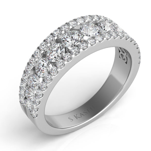 This Band is available in 14K White Gold. There are a total of 57 stones. There are Round with a total carat weight of 1.26 set in a Channel Set|Micro Prong setting.