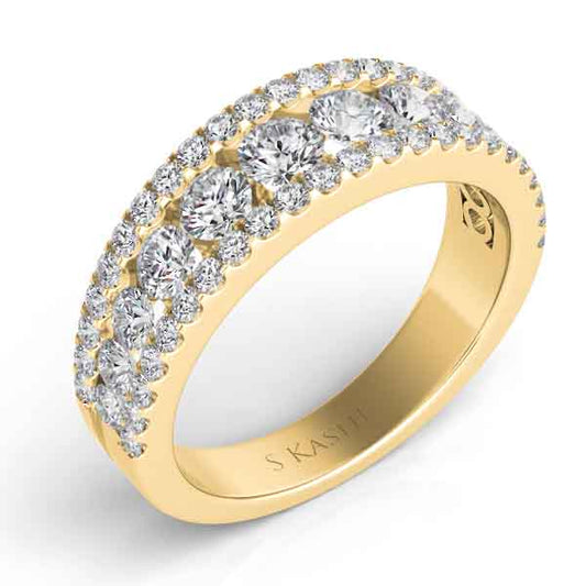 This Band is available in 14K Yellow Gold. There are a total of 57 stones. There are Round with a total carat weight of 1.26 set in a Channel Set|Micro Prong setting.