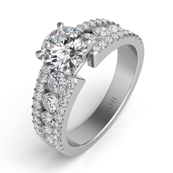 This Engagement Ring  is available in 14K White Gold. There are a total of 50 stones. There are Rounds with a total carat weight of 1.08 set in a Channel Set|Micro Prong setting.