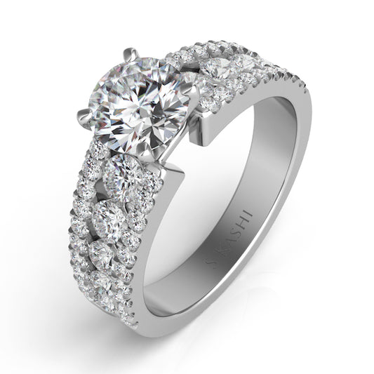 This Engagement Ring  is available in 14K White Gold. There are a total of 50 stones. There are Rounds with a total carat weight of 1.08 set in a Channel Set|Micro Prong setting.