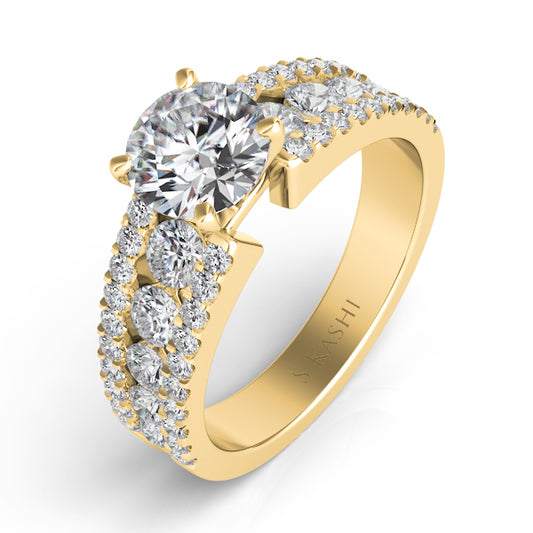 This Engagement Ring  is available in 14K Yellow Gold. There are a total of 50 stones. There are Rounds with a total carat weight of 1.08 set in a Channel Set|Micro Prong setting.
