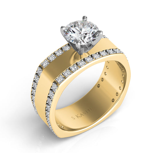 This Engagement Ring  is available in 14K Yellow Gold. There are a total of 54 stones. There are Rounds with a total carat weight of 0.57 set in a Micro Pave setting.