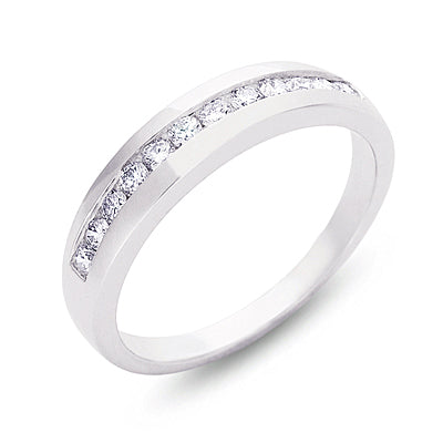 This Band is available in 14K White Gold. There are a total of 12 stones. There are Round with a total carat weight of 0.3 set in a Channel Set setting.