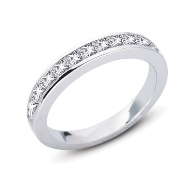 This Band is available in 14K White Gold. There are a total of 13 stones. There are Princess with a total carat weight of 1.1 set in a Channel Set setting.