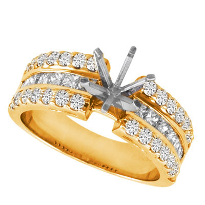 This Engagement Ring  is available in 14K Yellow Gold. There are a total of 44 stones. There are Princess with a total carat weight of 0.69 set in a  setting.There are Rounds stones with a total carat weight of 0.7 set in a .