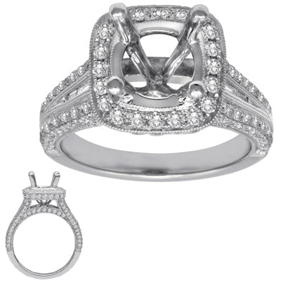 This Engagement Ring  is available in 14K White Gold. There are a total of 168 stones. There are Rounds with a total carat weight of 0.72 set in a Micro Prong setting.There are Tapered Baguettes stones with a total carat weight of 0.12 set in a Micro Prong.