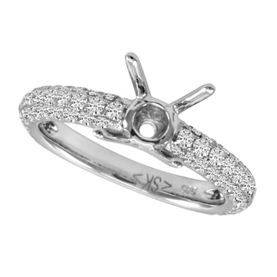 This Engagement Ring  is available in 14K White Gold. There are a total of 68 stones. There are Rounds with a total carat weight of 1 set in a Micro Pave setting.
