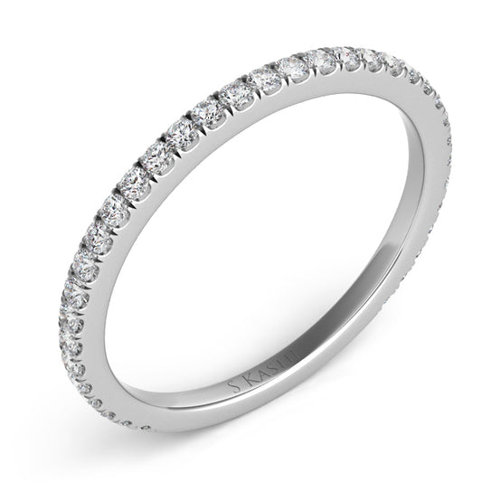 This Band is available in 14K White Gold. There are a total of 35 stones. There are Round with a total carat weight of 0.32 set in a Micro Prong setting.