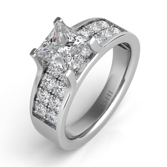 This Engagement Ring  is available in 14K White Gold. There are a total of 20 stones. There are Rounds with a total carat weight of 0.8 set in a Micro Pave setting.