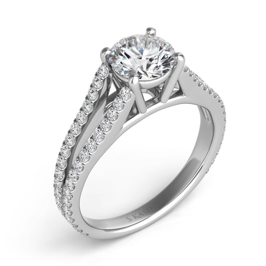 This Engagement Ring  is available in 14K White Gold. There are a total of 68 stones. There are Rounds with a total carat weight of 0.49 set in a Micro Prong setting.