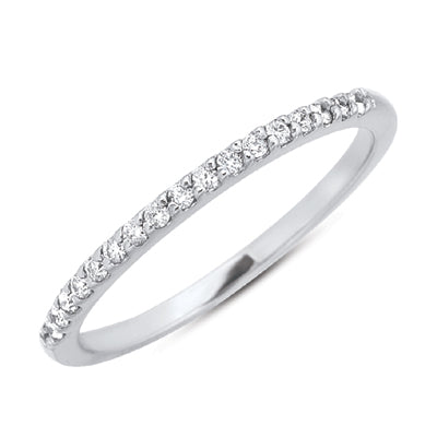 This Band is available in 14K White Gold. There are a total of 17 stones. There are Round with a total carat weight of 0.15 set in a Micro Prong setting.