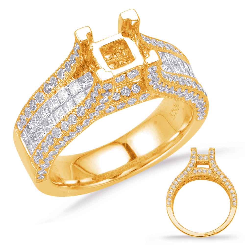 This Engagement Ring  is available in 14K Yellow Gold. There are a total of 164 stones. There are Princess with a total carat weight of 0.87 set in a Invisible Set|Micro Pave setting.There are Rounds stones with a total carat weight of 0.97 set in a Invisible Set|Micro Pave.