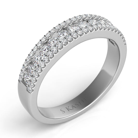 This Band is available in 14K White Gold. There are a total of 67 stones. There are Round with a total carat weight of 0.57 set in a Channel Set setting.