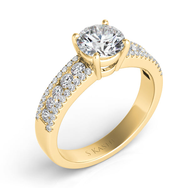This Engagement Ring  is available in 14K Yellow Gold. There are a total of 54 stones. There are Rounds with a total carat weight of 0.5 set in a Channel Set|Micro Prong setting.