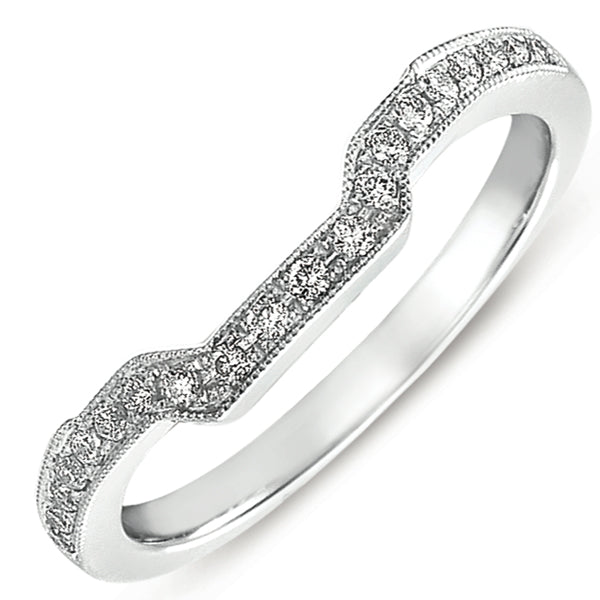 This Band is available in 14K White Gold. There are a total of 20 stones. There are Round with a total carat weight of 0.15 set in a  setting.