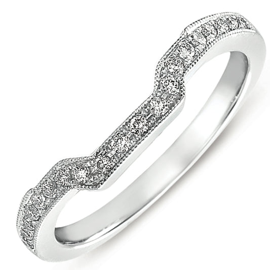 This Band is available in 14K White Gold. There are a total of 20 stones. There are Round with a total carat weight of 0.15 set in a  setting.