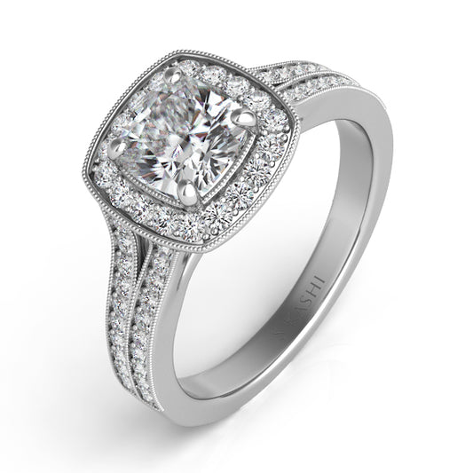 This Engagement Ring  is available in 14K White Gold. There are a total of 56 stones. There are Rounds with a total carat weight of 0.35 set in a Micro Pave setting.