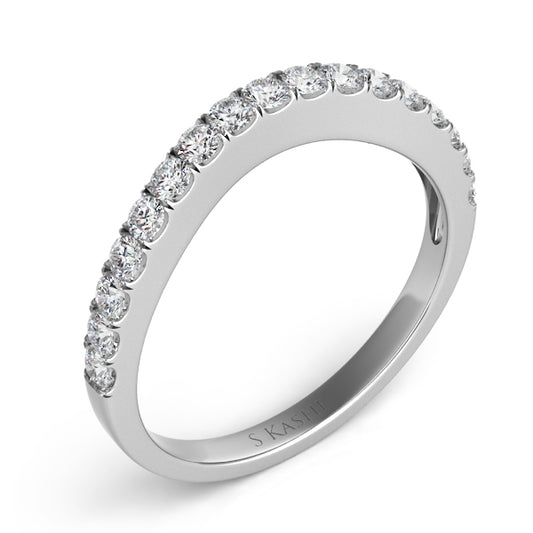 This Band is available in 14K White Gold. There are a total of 17 stones. There are Round with a total carat weight of 0.43 set in a Micro Prong setting.