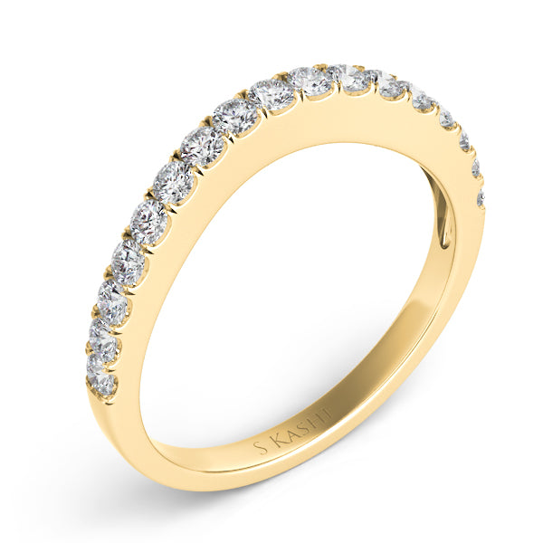 This Band is available in 14K Yellow Gold. There are a total of 17 stones. There are Round with a total carat weight of 0.43 set in a Micro Prong setting.