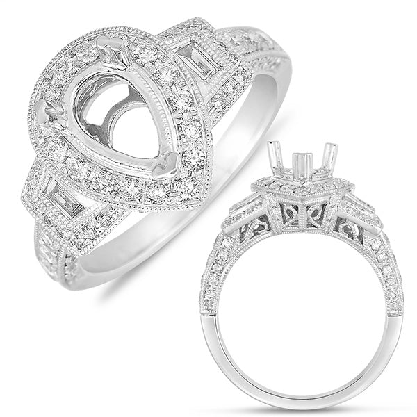 This Engagement Ring  is available in 14K White Gold. There are a total of 77 stones. There are Baguette with a total carat weight of 0.2 set in a Bezel Set|Micro Pave|Micro Prong setting.There are Rounds stones with a total carat weight of 0.66 set in a Bezel Set|Micro Pave|Micro Prong.