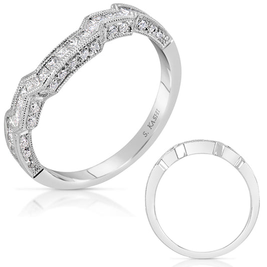 This Band is available in 14K White Gold. There are a total of 44 stones. There are Princess with a total carat weight of 0.48 set in a  setting.There are Round stones with a total carat weight of 0.11 set in a .