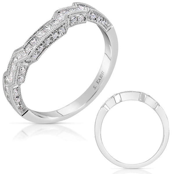 This Band is available in 14K White Gold. There are a total of 44 stones. There are Princess with a total carat weight of 0.48 set in a  setting.There are Round stones with a total carat weight of 0.11 set in a .