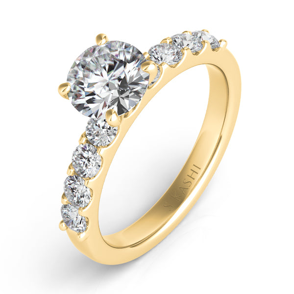 This Engagement Ring  is available in 14K Yellow Gold. There are a total of 8 stones. There are Rounds with a total carat weight of 0.58 set in a Prong Set setting.
