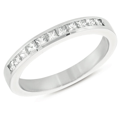 This Band is available in 14K White Gold. There are a total of 11 stones. There are Princess with a total carat weight of 0.44 set in a Channel Set setting.