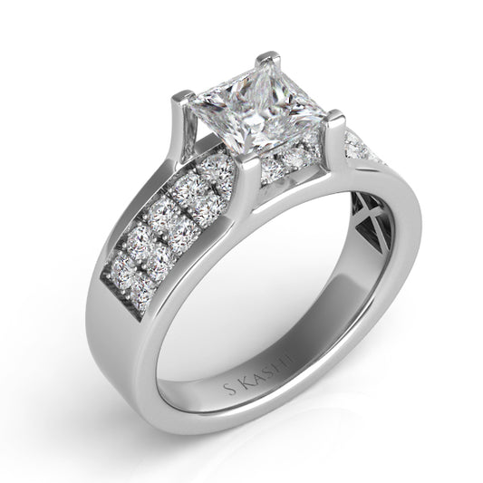This Engagement Ring  is available in 14K White Gold. There are a total of 22 stones. There are Rounds with a total carat weight of 0.66 set in a Invisible Set|Micro Pave setting.