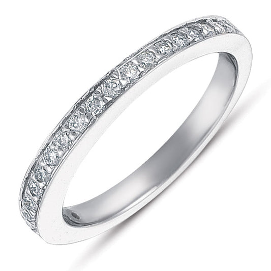 This Band is available in 14K White Gold. There are a total of 23 stones. There are Round with a total carat weight of 0.31 set in a Micro Prong setting.