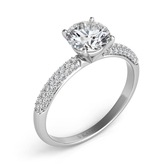 This Engagement Ring  is available in 14K White Gold. There are a total of 50 stones. There are Rounds with a total carat weight of 0.33 set in a Micro Pave setting.
