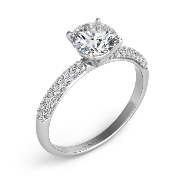 This Engagement Ring  is available in 14K White Gold. There are a total of 50 stones. There are Rounds with a total carat weight of 0.33 set in a Micro Pave setting.