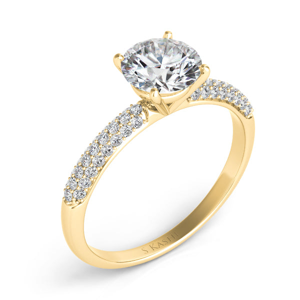 This Engagement Ring  is available in 14K Yellow Gold. There are a total of 50 stones. There are Rounds with a total carat weight of 0.33 set in a Micro Pave setting.
