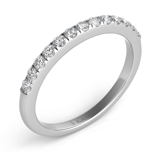 This Band is available in 14K White Gold. There are a total of 13 stones. There are Round with a total carat weight of 0.24 set in a Prong Set setting.