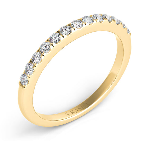 This Band is available in 14K Yellow Gold. There are a total of 13 stones. There are Round with a total carat weight of 0.24 set in a Prong Set setting.