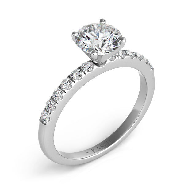 This Engagement Ring  is available in 14K White Gold. There are a total of 12 stones. There are Rounds with a total carat weight of 0.22 set in a Prong Set setting.