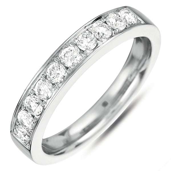 This Band is available in 14K White Gold. There are a total of 10 stones. There are Round with a total carat weight of 0.5 set in a Micro Prong setting.