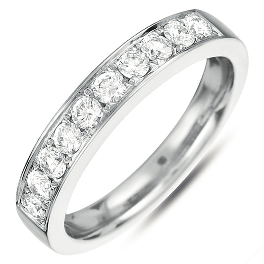 This Band is available in 14K White Gold. There are a total of 10 stones. There are Round with a total carat weight of 0.5 set in a Micro Prong setting.