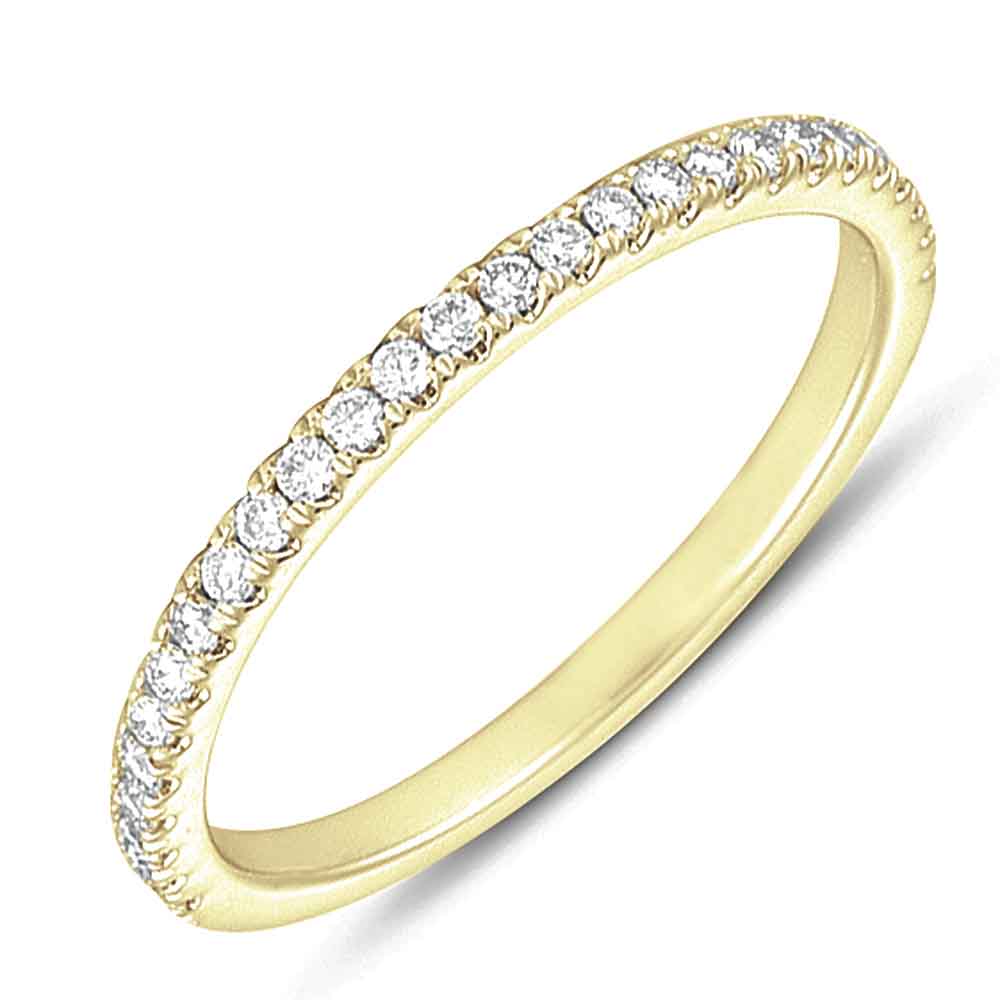 This Band is available in 14K Yellow Gold. There are a total of 27 stones. There are Round with a total carat weight of 0.22 set in a  setting.