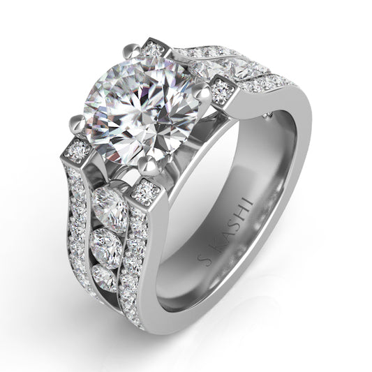 This Engagement Ring  is available in 14K White Gold. There are a total of 46 stones. There are Rounds with a total carat weight of 1.44 set in a Channel Set|Micro Pave setting.