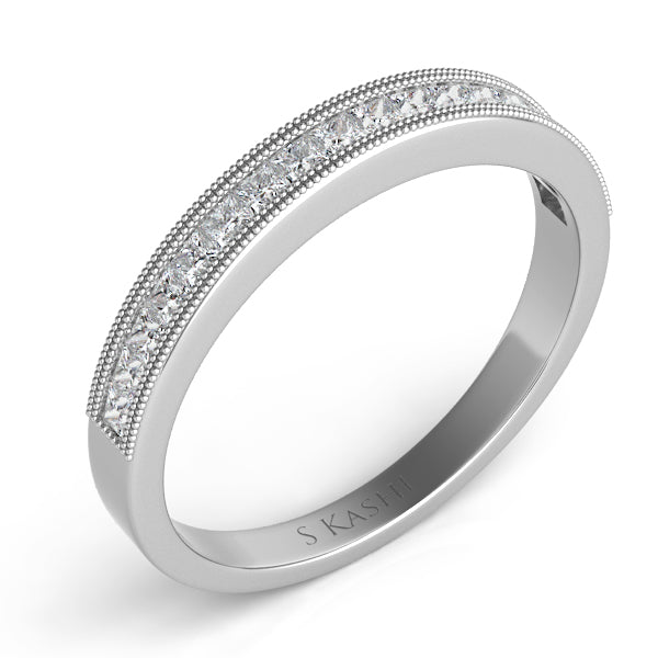 This Band is available in 14K White Gold. There are a total of 19 stones. There are Princess with a total carat weight of 0.31 set in a Channel Set setting.