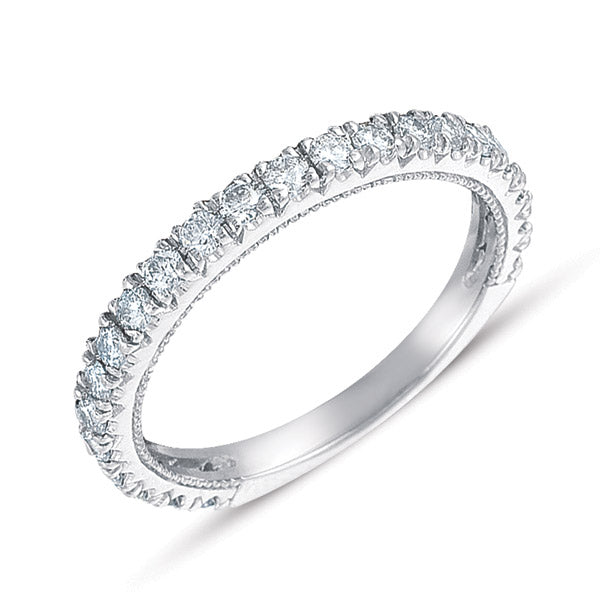 This Band is available in 14K White Gold. There are a total of 22 stones. There are Round with a total carat weight of 0.55 set in a Prong Set setting.