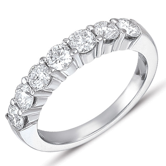 This Band is available in 14K White Gold. There are a total of 7 stones. There are Round with a total carat weight of 1.12 set in a Prong Set setting.