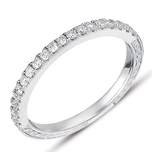 This Band is available in 14K White Gold. There are a total of 19 stones. There are Round with a total carat weight of 0.25 set in a Micro Prong setting.